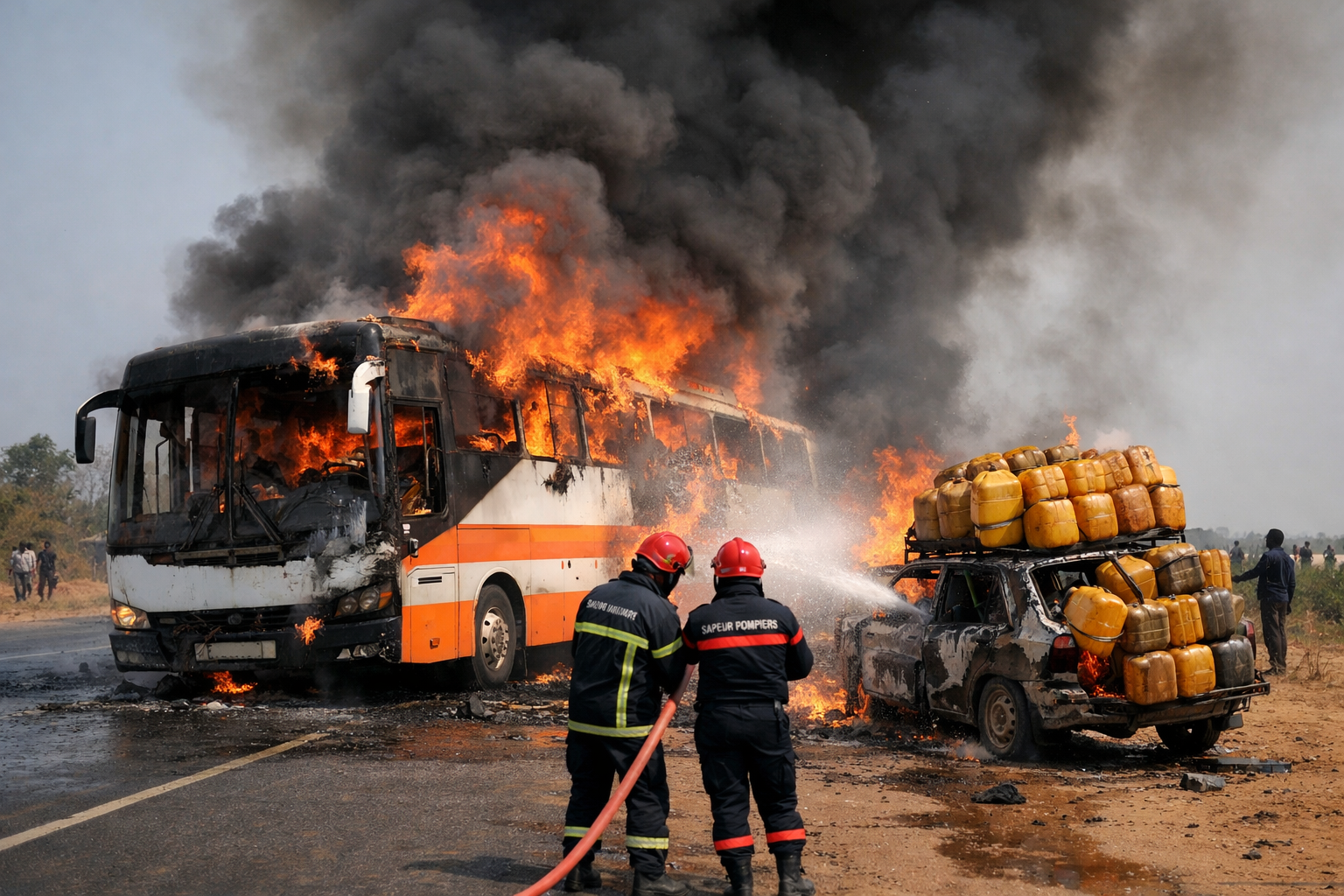 Essence Kpayo : Incendie après une collision entre un bus et un véhicule chargé de carburant à Malanville